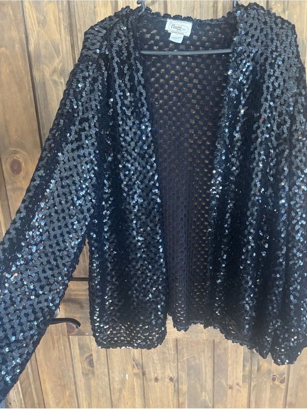 Vintage Edith Flagg Black Sequin Open Front Cardigan Jacket Large 90s Whimsigoth - Picture 6 of 8